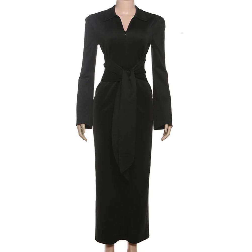 Trendix Lace Up Elegant Evening Female 2025 Autumn Sexy Deep V Neck Sleeve Maxi Dresses Party Slim Commute Long Dress Z260314