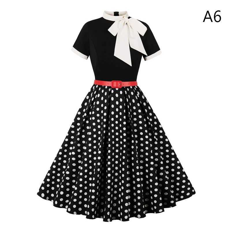 Polka Dot/Floral Prints Vintage Dress 50 60s Womens Summer Mid-length Dress with Bow Cocktail Party Swing Skirt Retro Waist FitT260314