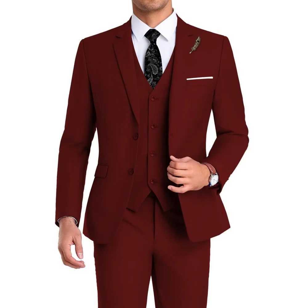 Elegant Rose Red 3-Piece Slim Fit Mens Suit Double Breasted Blazer Vest Pants Set for Wedding Groom Tuxedo Business Party a06 M260313