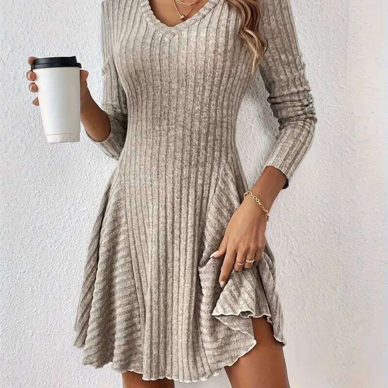 Solid Color V-neck Dress Autumn Winter Women's New Fashionable Knitted A-line Long Sleeved Short Frock Z260314
