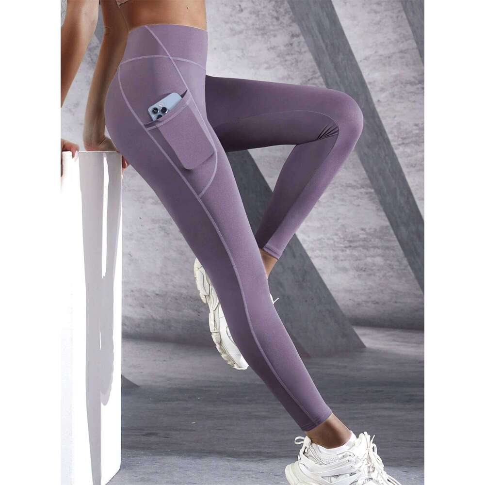 Women High Waist Elastic Workout Yoga Leggings Tummy Control With Side Pockets Pants Seam Gym Fitness Sportswear Tights 26Y0313
