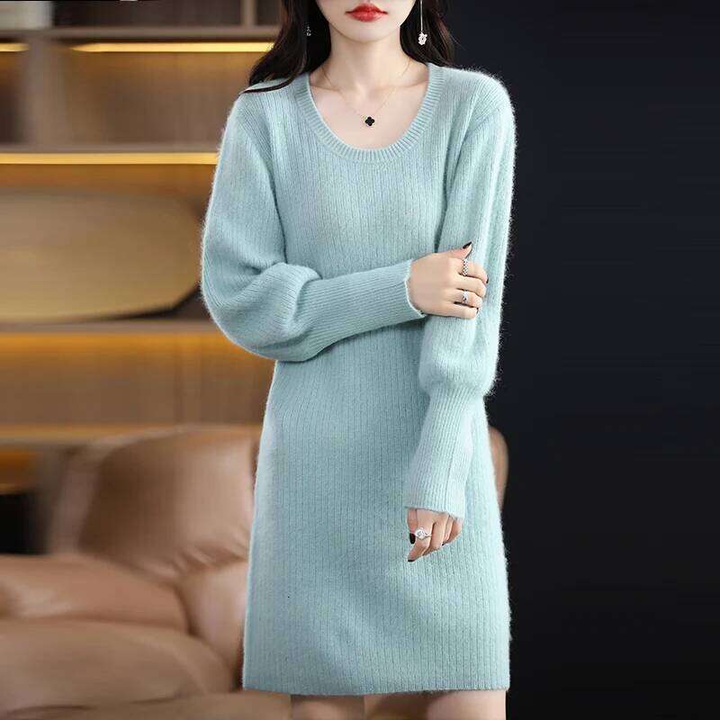 Autumn Winter 100% Mink Knit Long Skirt Women Scoop Neck Knee-length Dress Casual Warm Jumper Cashmere Base Shirt Top Z260313