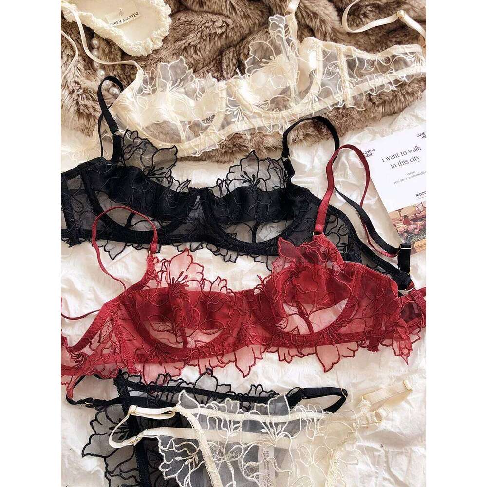 French Underwear Sexy Lace Flowers Embroidery Bra Set Women Intimates Summer Ultra Thin Breathable Bralette Lingerie Panties