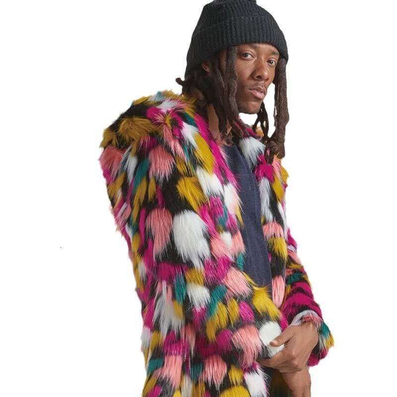 Men Spliced Hooded Cardigan Faux Print Jackets Overcoat Fur Outerwear Coat Loose Autumn Slight Strech High Street 2025 Z260313