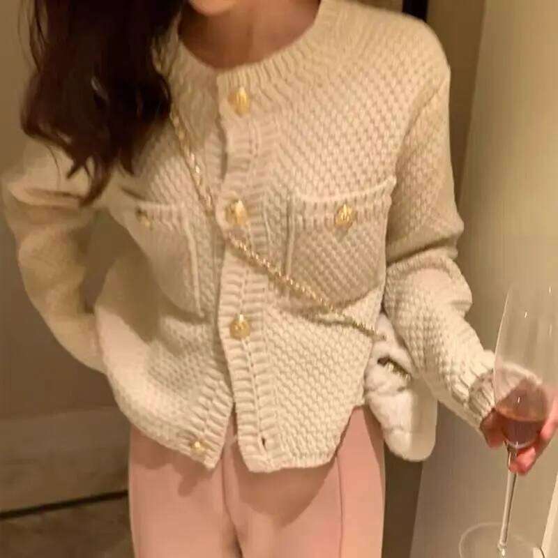 Autumn Winter Women French Vintage Sweet Luxury Chic Button Up Cardigan Solid O Neck Long Sleeve Loose Knitted Sweater Outerwear Z260314