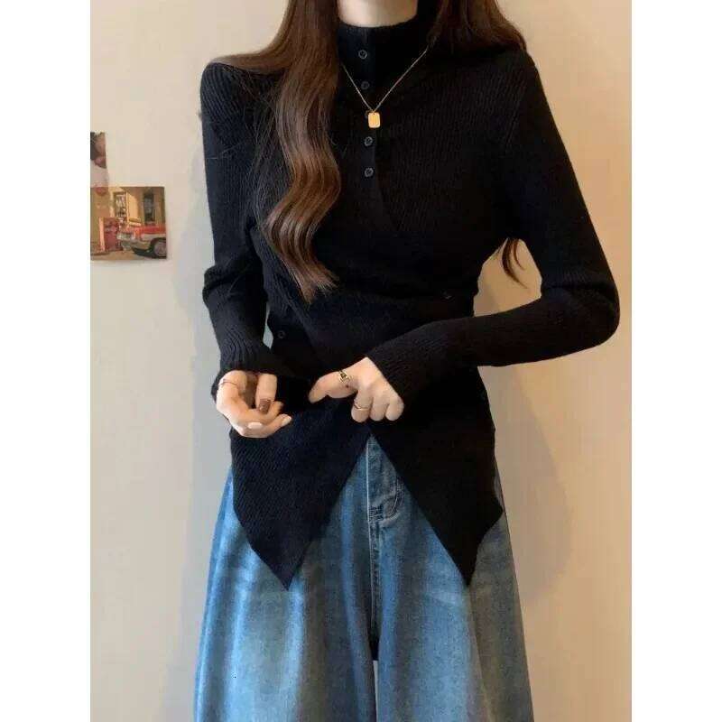 Deeptown Harajuku Black Turtleneck Women Sweaters Criss Cross Irregular Korean Fashion Button Knit Pullovers Slim Warm Aesthetic Z260313