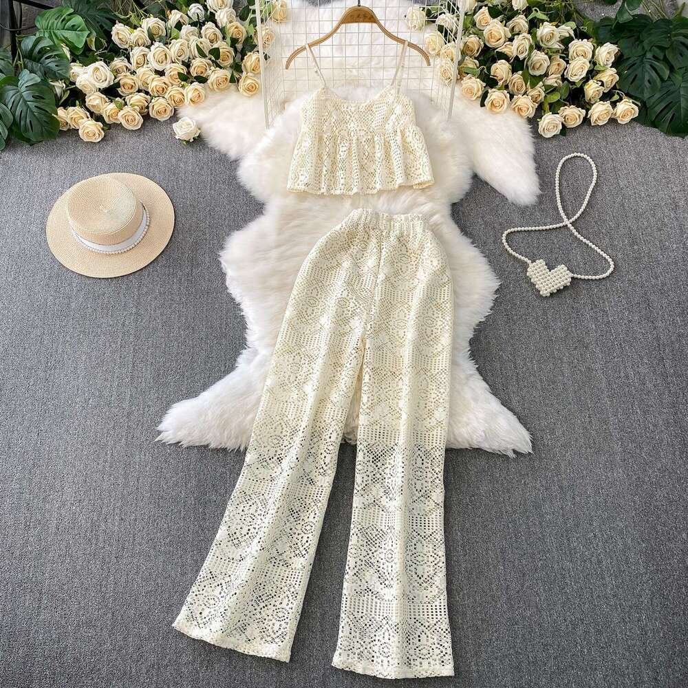 2026 designer pure A17 desire style sexy lace hollow V-neck short vest high waist slim fit wide leg pants two-piece set