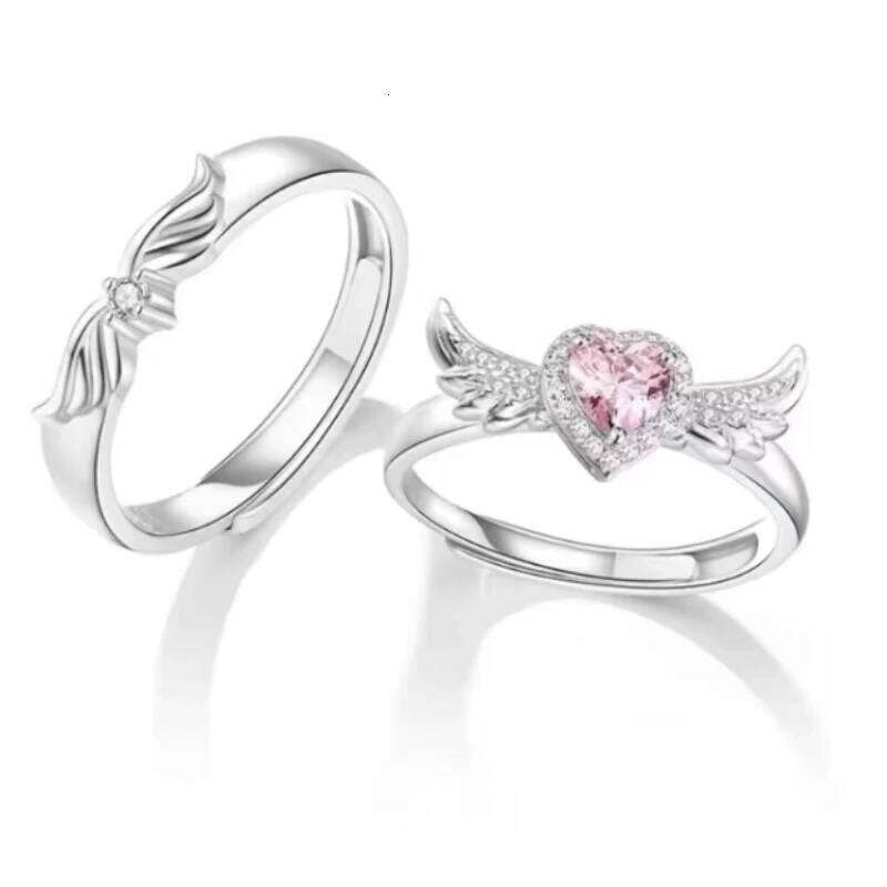 Chic Angel Wing Ring for Couple Pink Heart Cubic Zirconia Eternity Rings Romantic Forever Finger Jewelry Valentine Day Gift H260312