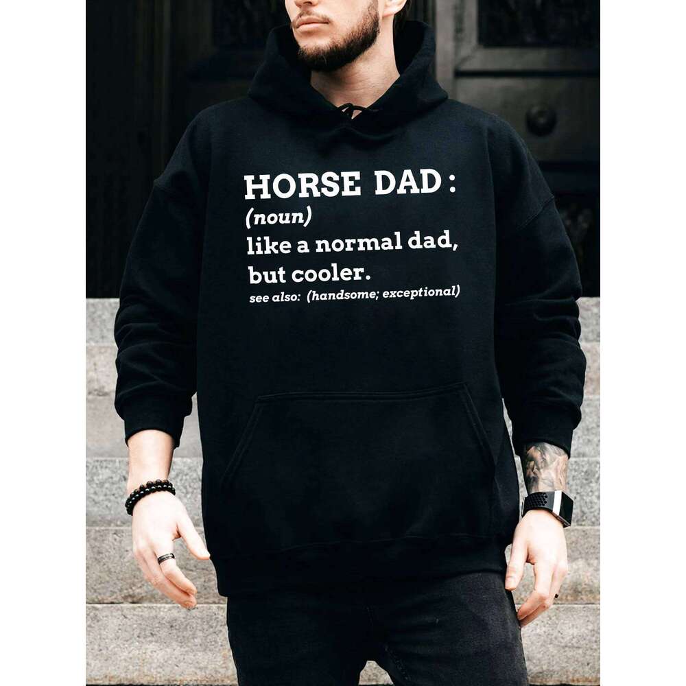 Horse Dad Definition Men's Drawstring Hoodie - Casual Comfortable Black Pullover, Fall & Winter Hooded Sweatshirt Z260314