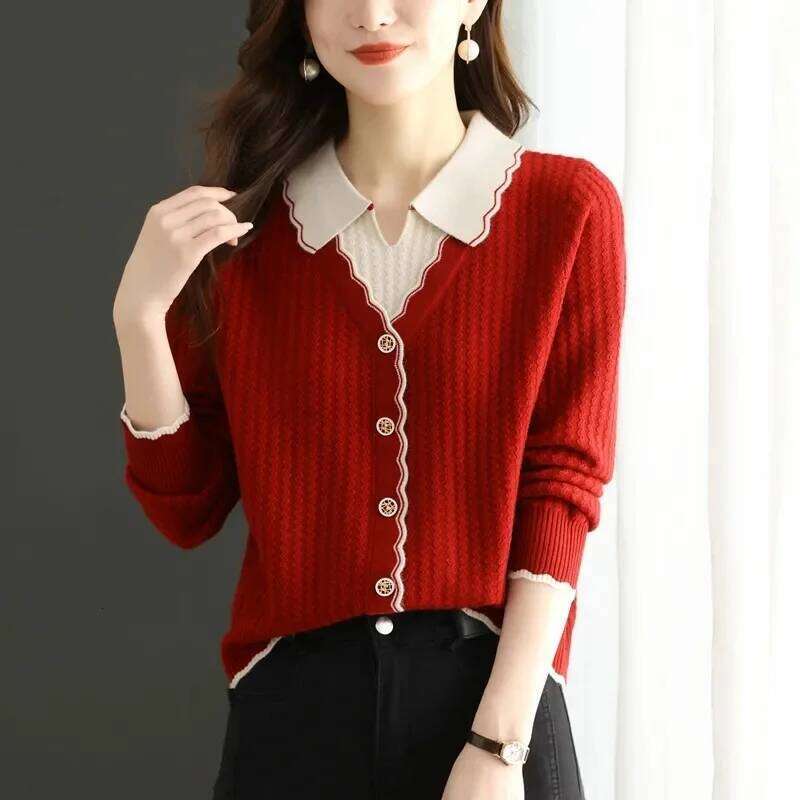 2026New Autumn/Winter Women Jumper Fashion Lapel Collar Fake Two Pieces Long Sleeve Knitted Sweater Pullover Female Tops Z260313