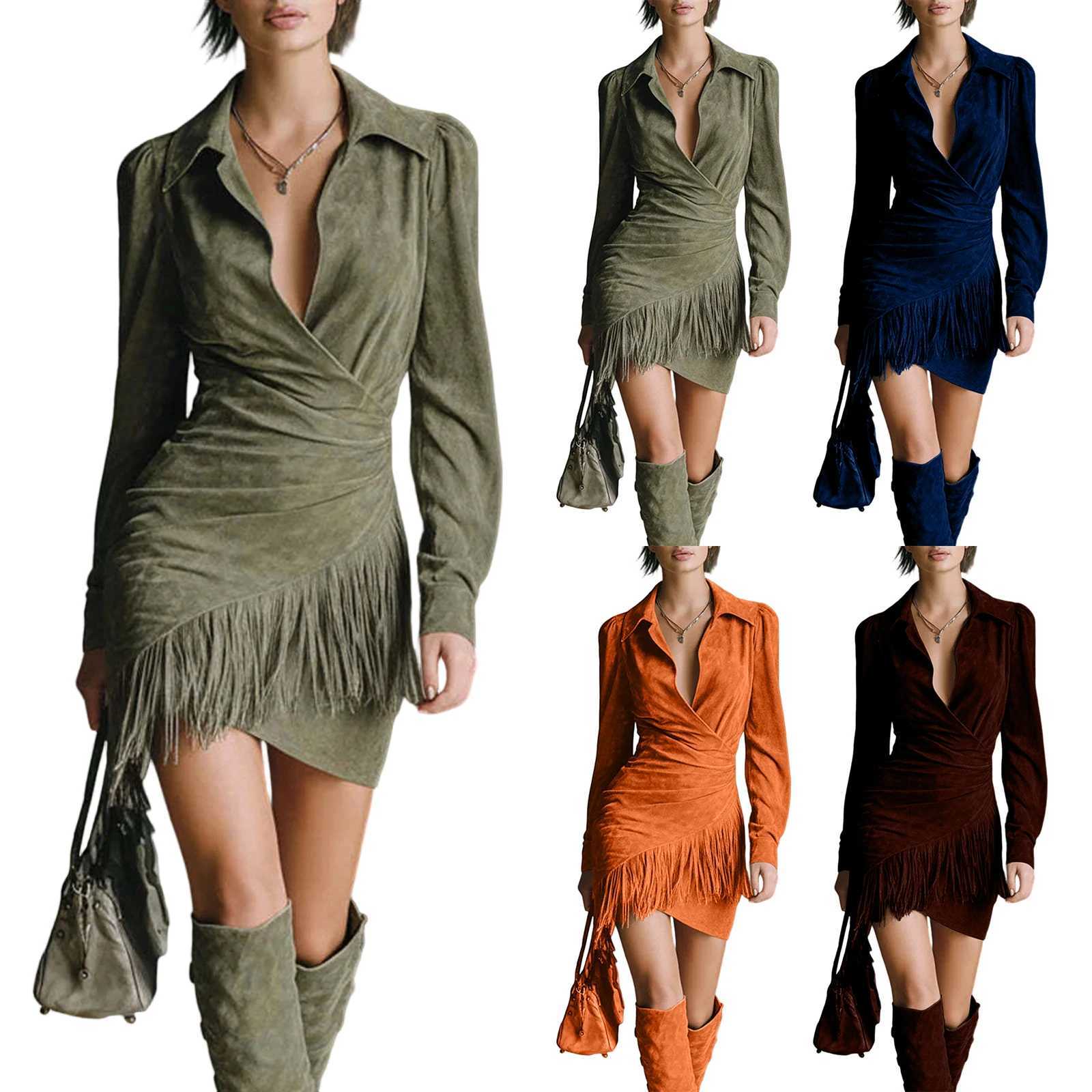 Women Long Sleeve V-neck Solid Color Dress Casual Party Dress Elegant Wrap Dress with Fringe Detail for Autumn and WinterT260314