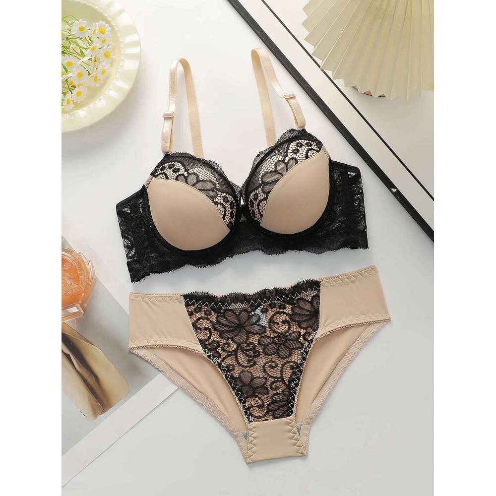 Women's sexy embroidered lace lingerie with steel ring gathering push up daily casual close fitting bra set B2076