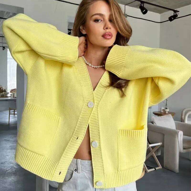 Yellow Knit Single Breasted Cardigan for Women Spring Autumn Loose V-Neck Sweater Coat Woman Warm Pockets Long Sleeve Cardigans Z260313