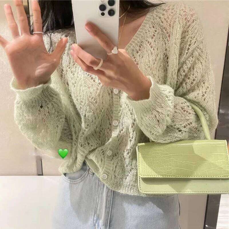 Cardigan Women V-neck Sexy Hollow Out Long Sleeve Single Breasted Sweet Solid Color Female Daily Thin Spring Autumn Breathable Z260313