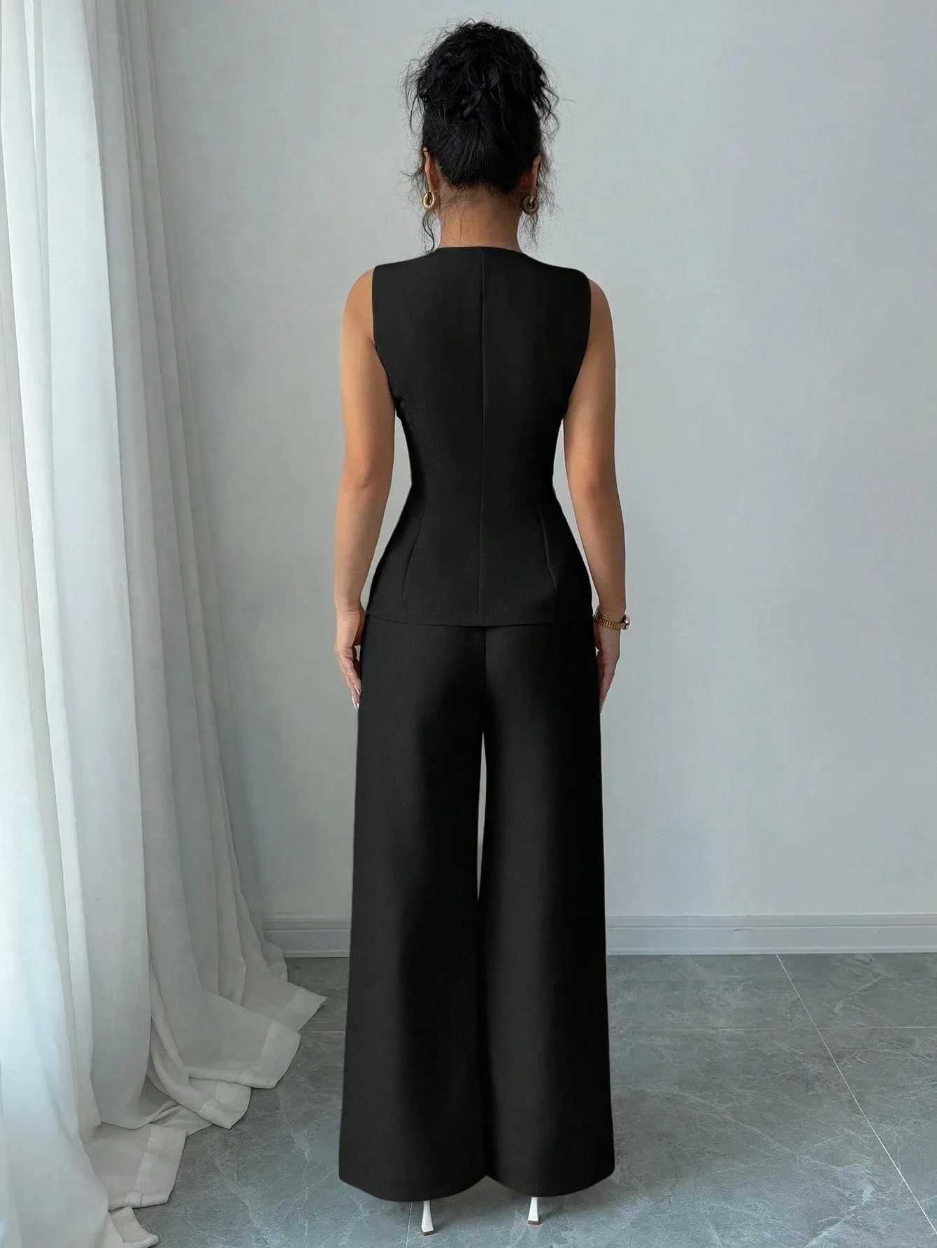 New Fashionable Commuter Womens Suit Casual Solid Color Round Neck Cardigan Vest Paired With Loose Wide-leg Pants Two-piece Set s54 M260313