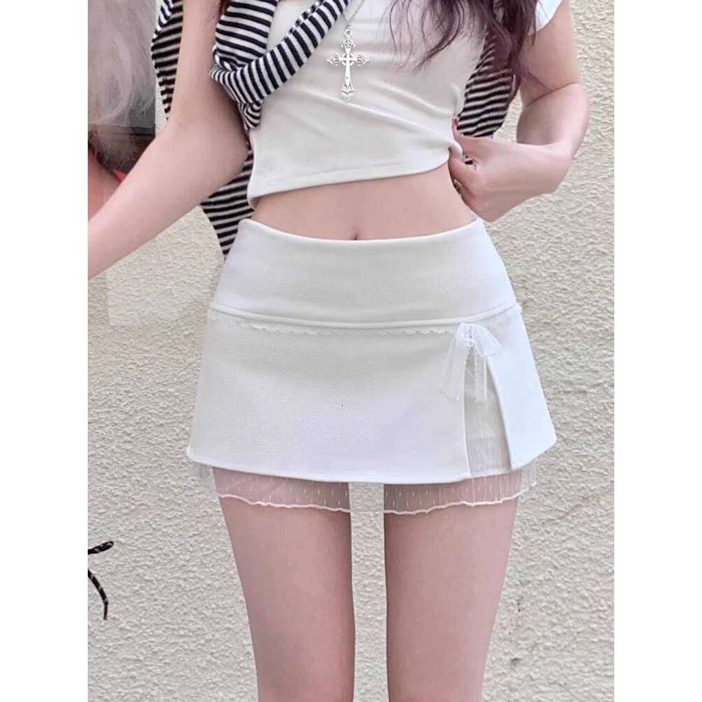 Sweet Lace Patchwork Women Summer Japanese Kawaii Bow Mini Fashion Low Waist Preppy Slit A Line Skirts New Z260314
