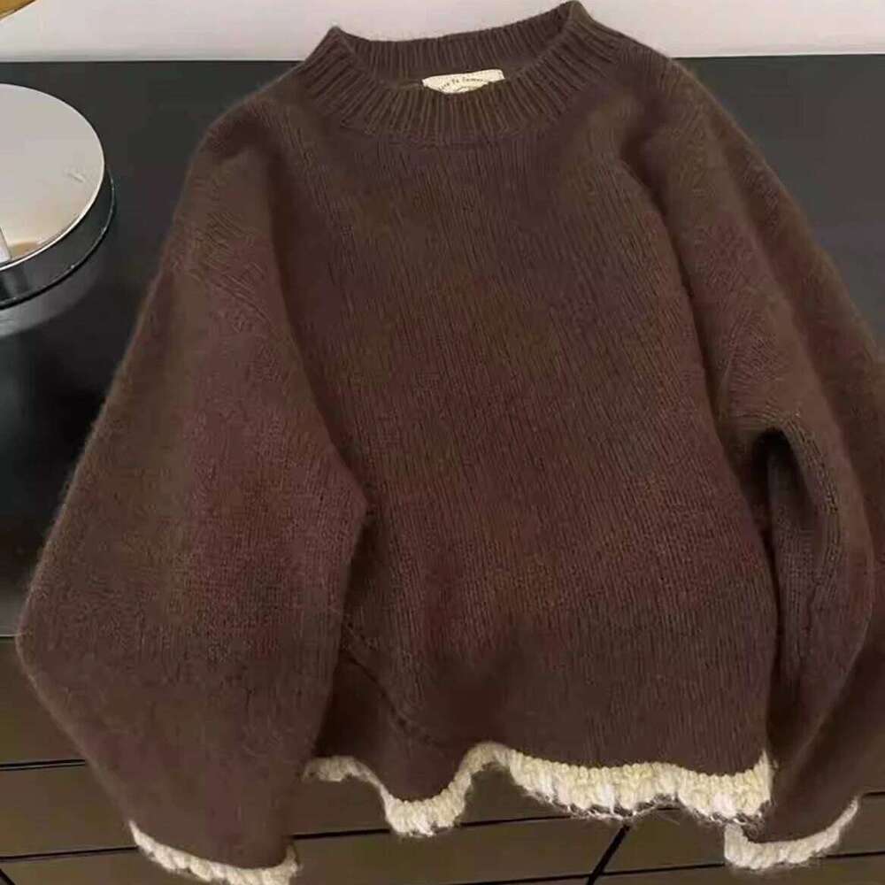 Korean Coffee Round Neck Sweater For Women Thickened Autumn Winter Soft Loose Lazy Style Splicing Colored Knitted Pullover Z260313