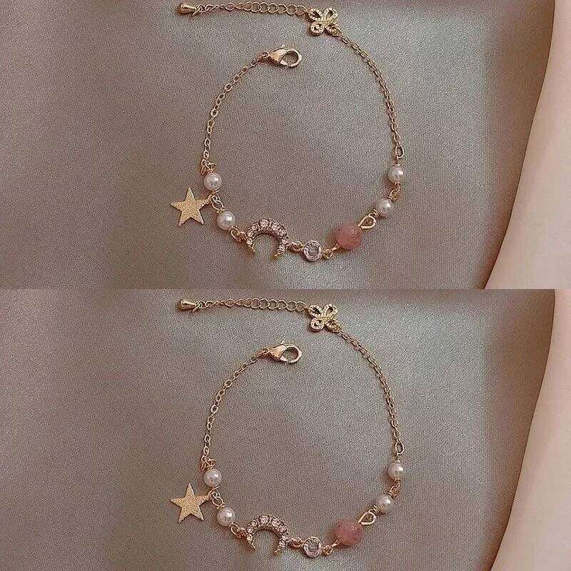 Girls Gold Color Zircon Star Moon Pearl Bracelet Simple Geometric Fashion Women Chain Bracelets Charming Elegant Jewelry Gift Z260313