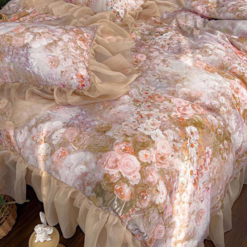 Flower Printed Duvet Sets with Ruffles Queen/King Quilt Cover Silky housse de couette Princess Style funda nordica 220x240 H260312 - view 5