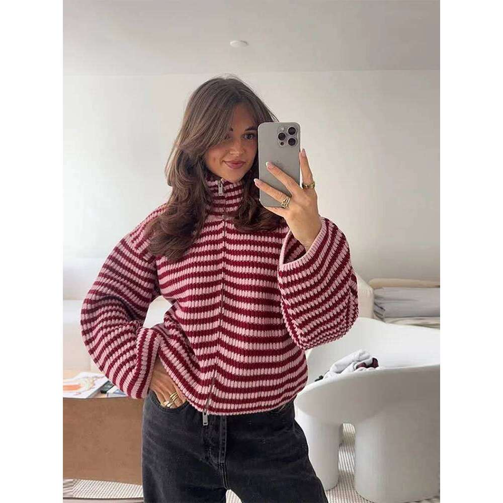 Loose Striped Women's Knit Cardigan Double Zipper Long Sleeve Stand Collar Female Sweater 2025 Autumn Winter Lady Lazy Knitwear Z260313