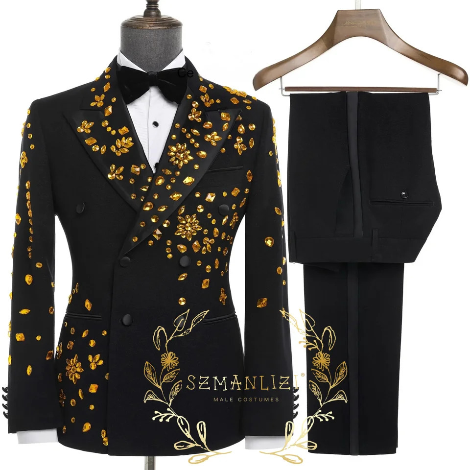y Gold Crystal 2 Pieces Mens Suits Double Breasted Black Tuxedo Blazer for Wedding Groom Business Dinner Party 260312