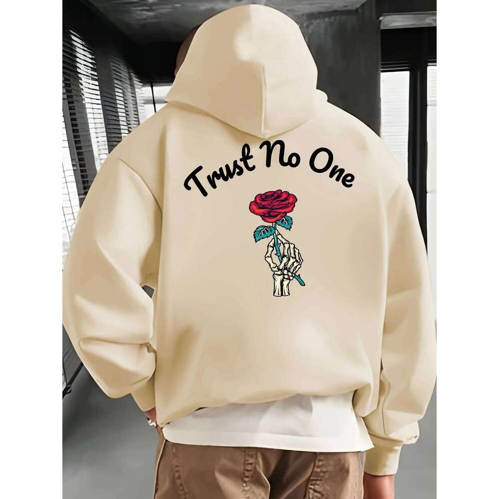Men's autumn and winter casual loose plus size rose print fleece warm long sleeved hooded sweatshirt pullover Z260314