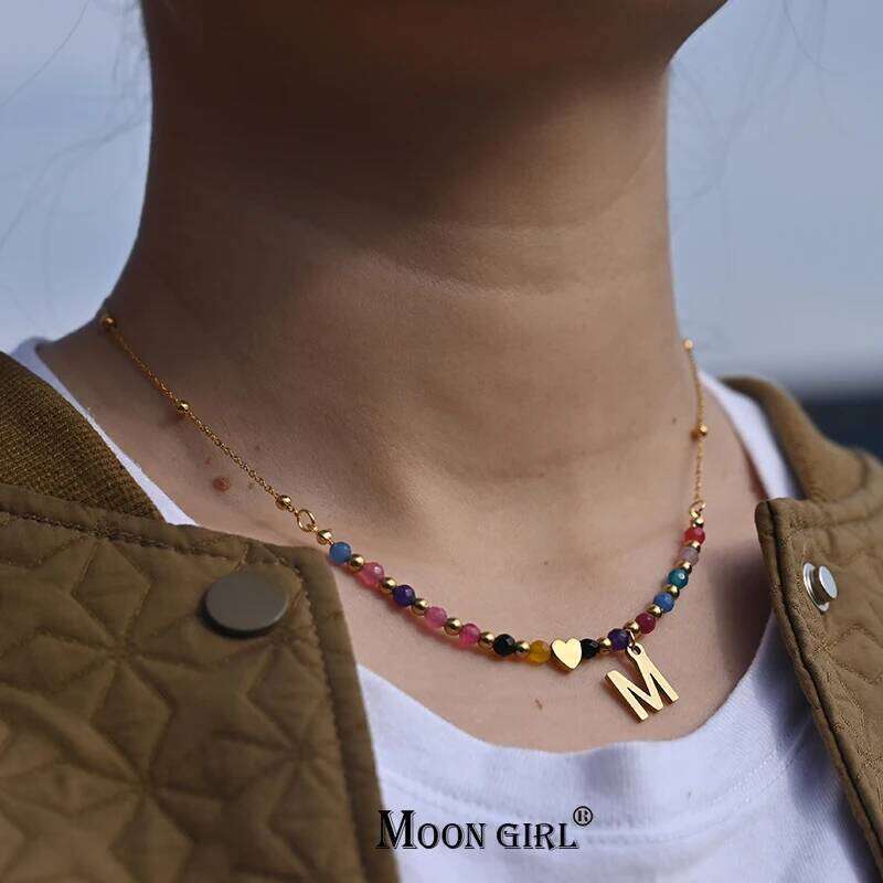 Waterproof Gold Color Stainless Steel Heart Initial for Women Tarnish Free Faceted Crystal Necklace MOON GIRL Design H260312