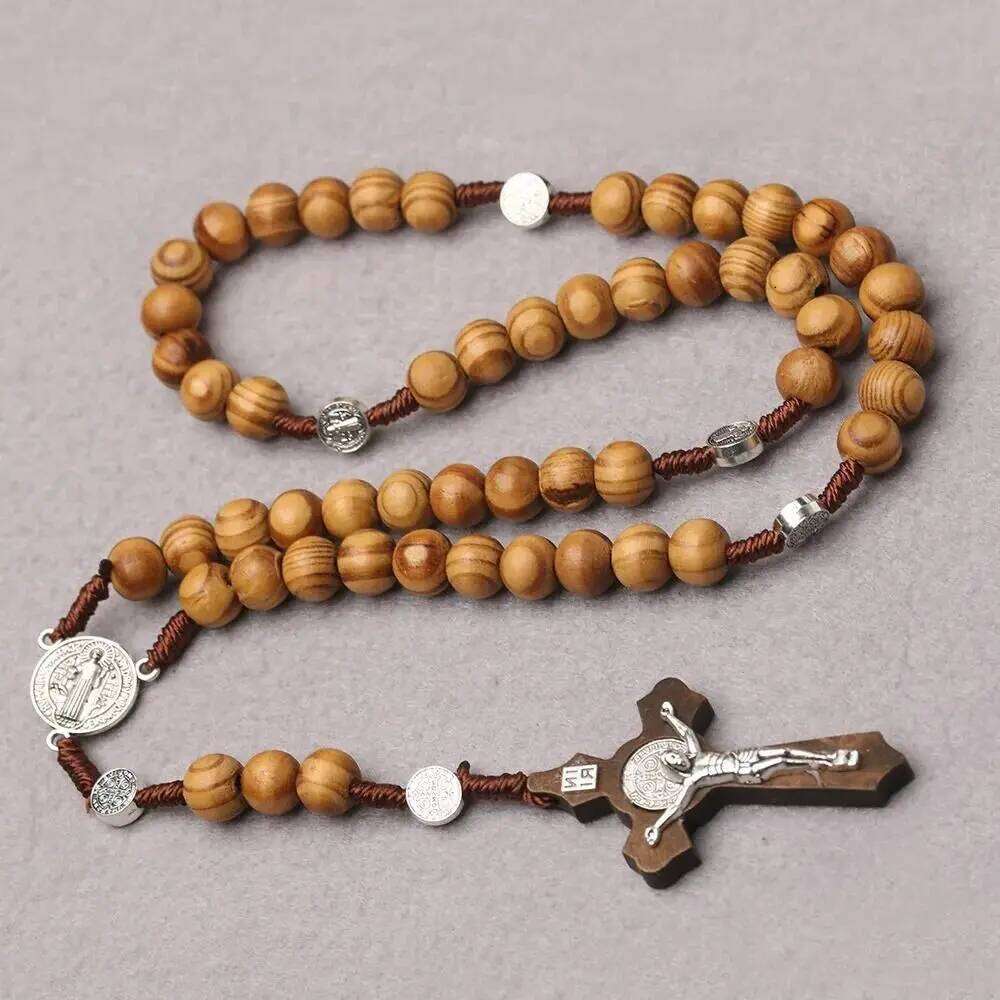 Handmade Rosary Religious Catholic Wood Beads Necklace Car Ornament Mellow Crucifix Pendant Chain Women H260312