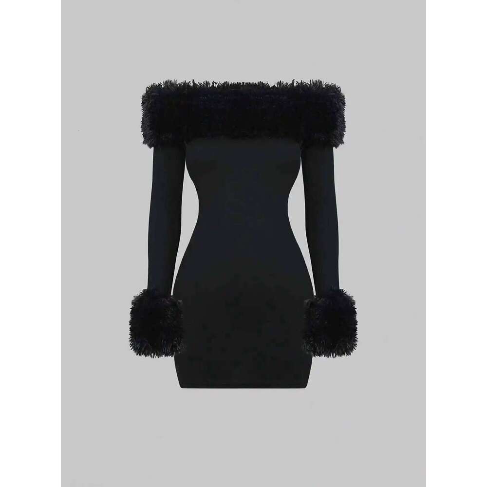 Black off the trimmed slim fit dress,Black one shoulder long sleeved dress with plush trim Z260314
