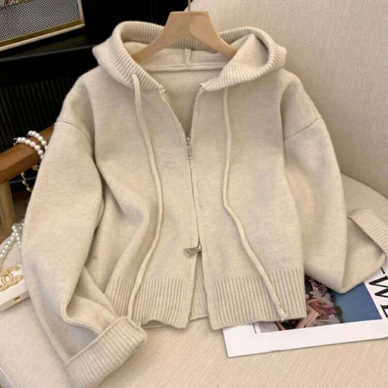 Khaki Knitted Hooded Cardigans Women Casual Drawstring Students Sweaters Zip-up Coats Spring Winter Loose Soft Z260313