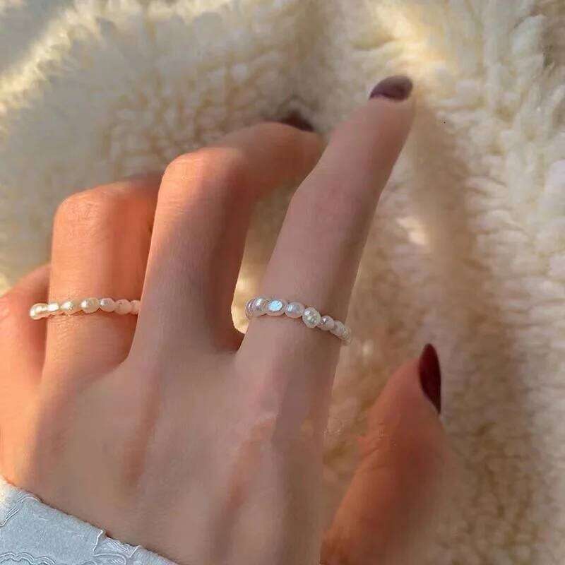 New Retro Crystal Beaded Rings Natural Freshwater Pearl Geometric Ring for Women Korean Minimalist Girl Party Jewelry Gift H260312