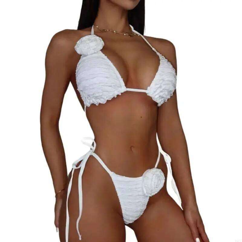 X9FF Women Two Piece Triangular Swimsuit Set Flower Halterneck Thong Swimming Costume Y260303