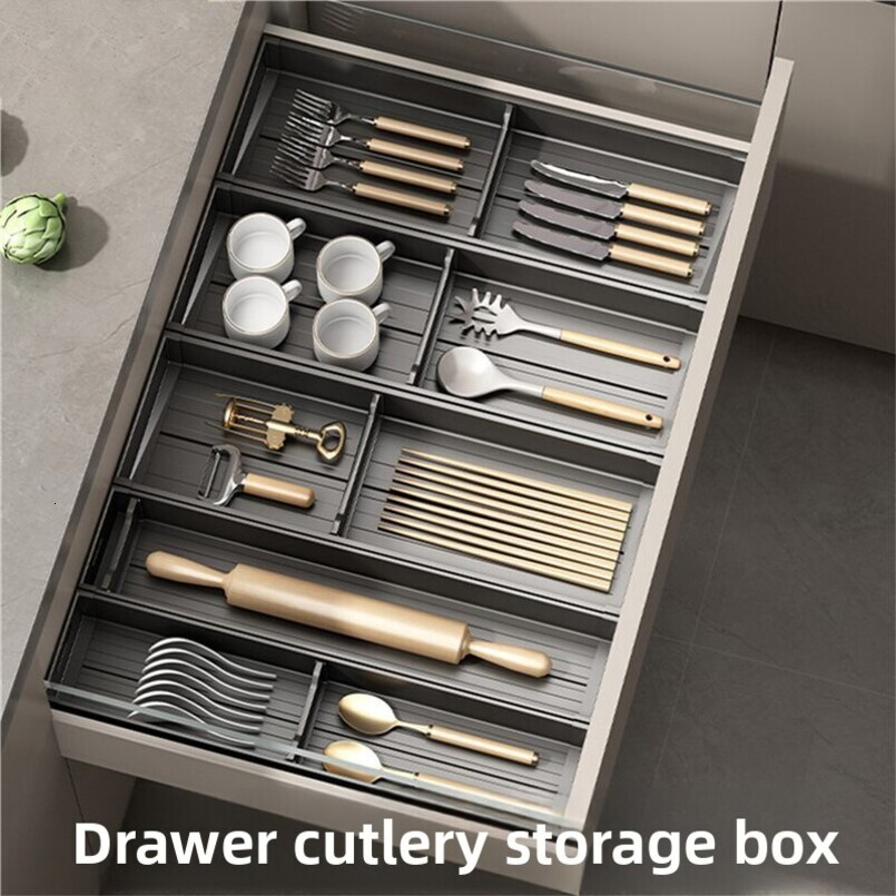 Gunmetal Gray Kitchen Drawer Dish Cabinet Storage Divider for Knives, Forks, Bowls, Chopsticks, Spoons, Tableware Built-in Compartment Bowl Rack
