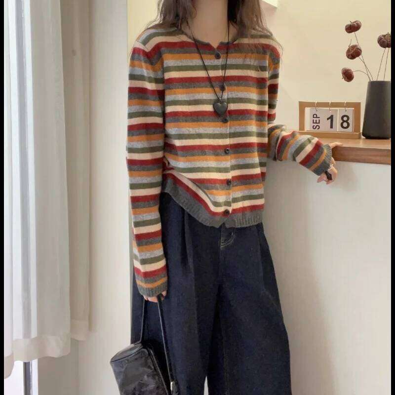 Round Neck Long Sleeve Color Striped Knitted Cardigan for Women in Autumn New and Fashionable Sweater Jacket Z260313