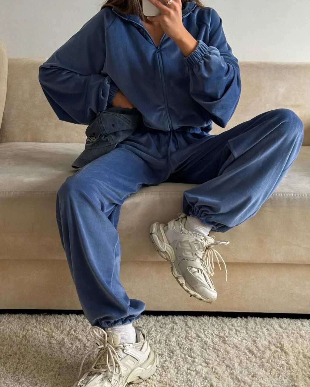 New casual womens set Solid color long-sleeved zipper cardigan tight-fitting sport pants long pants womens clothing M260313