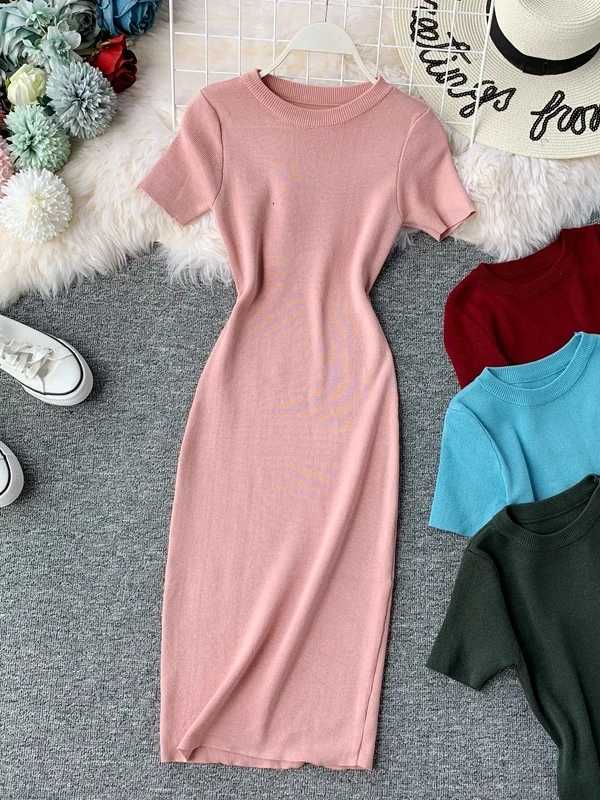 ort Sve Color Knitted Slim Fit Midi Dr round Ne Elastic Waist One Step Skirt Dr Korean Sle Commute DrT260314