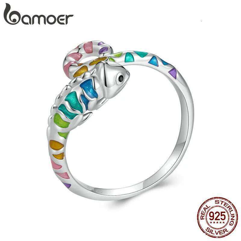 Bamoer 925 Sterling Silver Colorful Chameleon Opening Enamel Process Animal Adjustable Ring for Women Fine Jewelry H260312