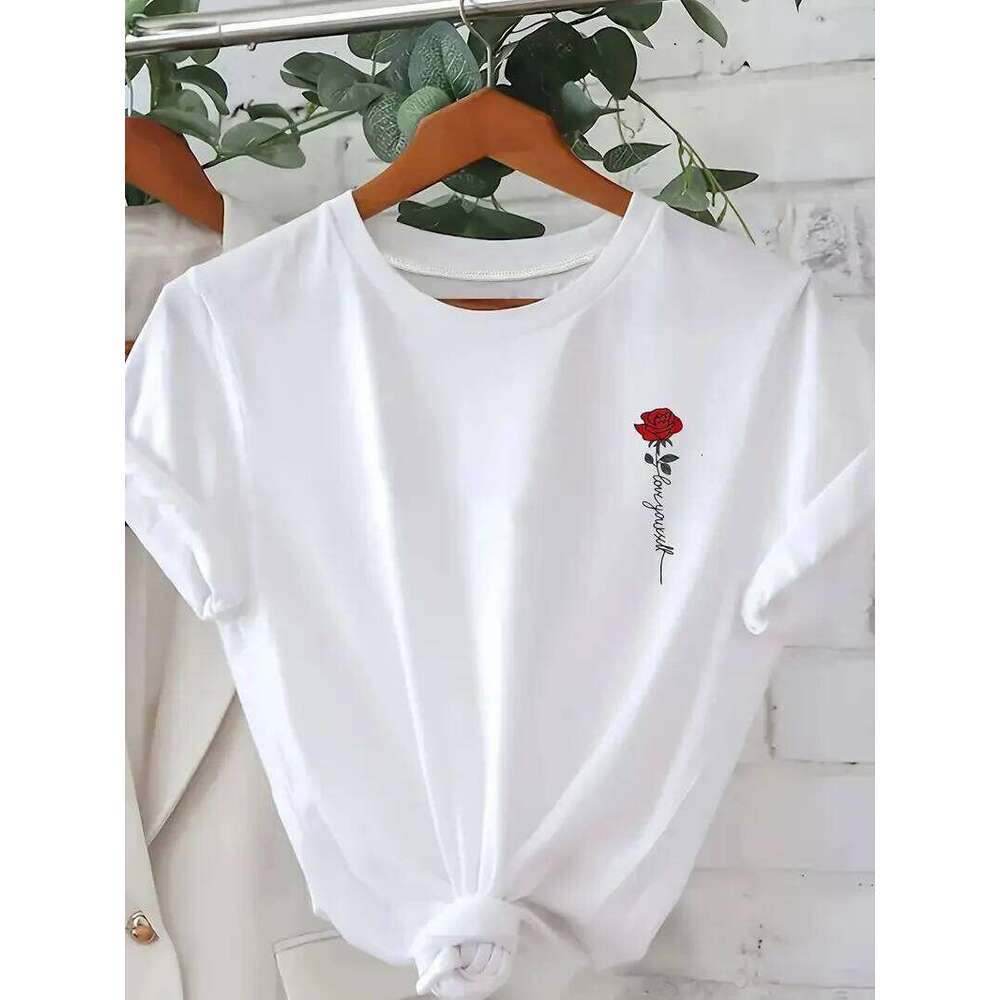 Cotton 100% Hot-selling Women's European and American Rose Printed Round-neck Short-sleeved Top Graphic T Shirts Z260314