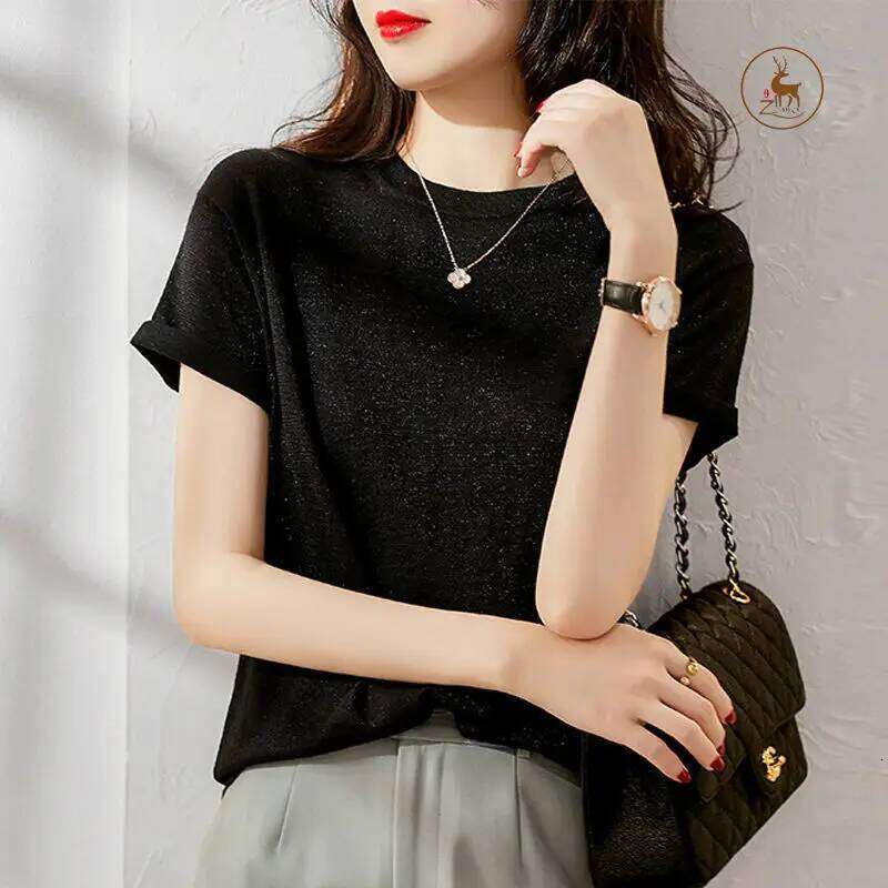 Bright Knitted Women Ice Silk Short-sleeved Thin Fashionable and Versatile Loose Top Temperament Pullover Z260313