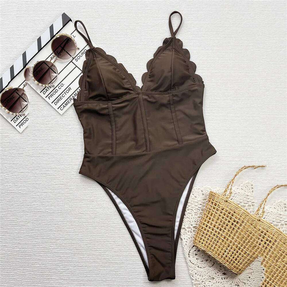 Dark Brown Solid Swimwear Sexy One Piece Swimsuit Woman 2025 Deep V Neck Petal Edge Bathing Suit Bandage Slim Swimming Wear Y260303