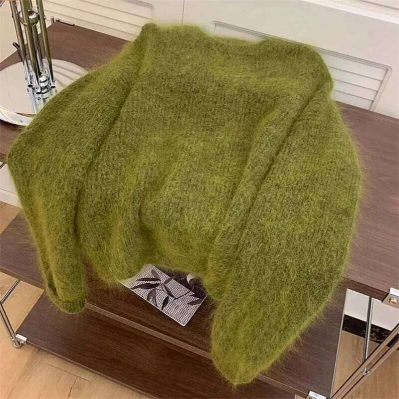 Women's Fashion Simple Casual Green Soft All Match Knitted Sweater Female O Neck Long Sleeve Loose Pullover Tops Sweet Sweaters Z260313