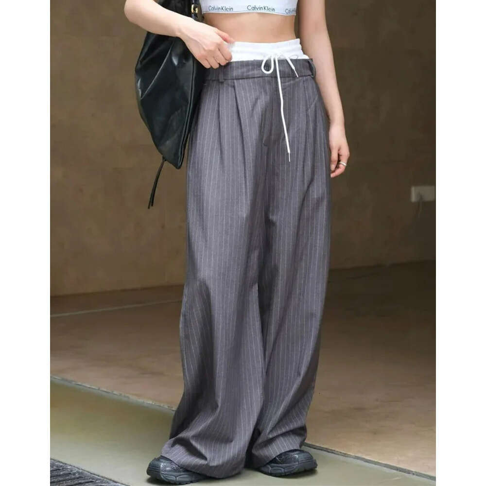 HanOrange Autumn Casual Waist Splicing Striped Pants Womens Loose Wide Legs Felt Trouser Grey Z260312