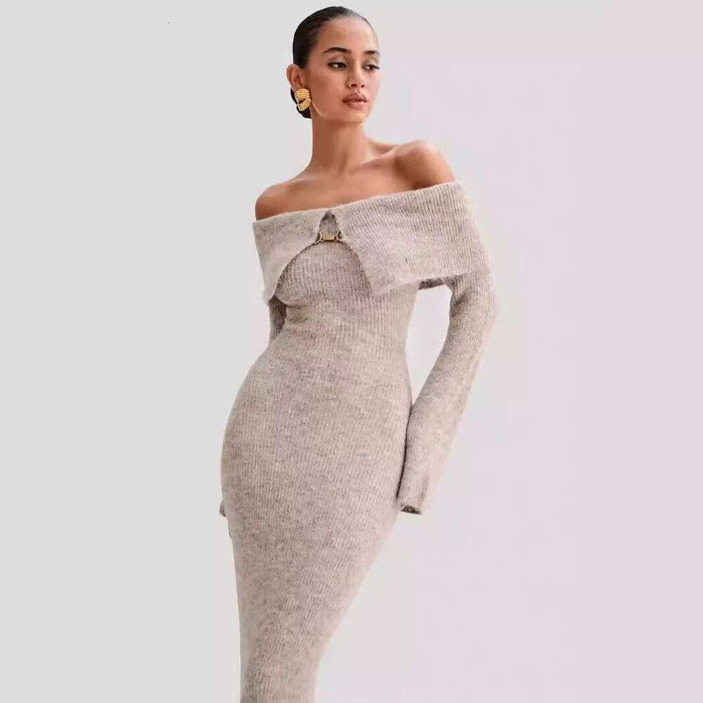 Women Knitting 2025 Autumn Knit Sweater Women's Off The Shoulder Bodycon Long Sleeve Slim Fit Midi Dress Z260314