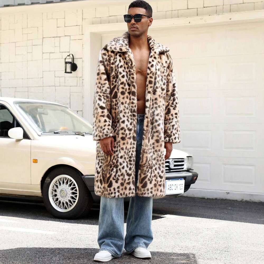 Men Faux Fur Coats Leopard Jackets Color Blocked Turn Down Collar Long Sleeve Single Breasted Straight Casual 2025 Autumn Winter Z260313