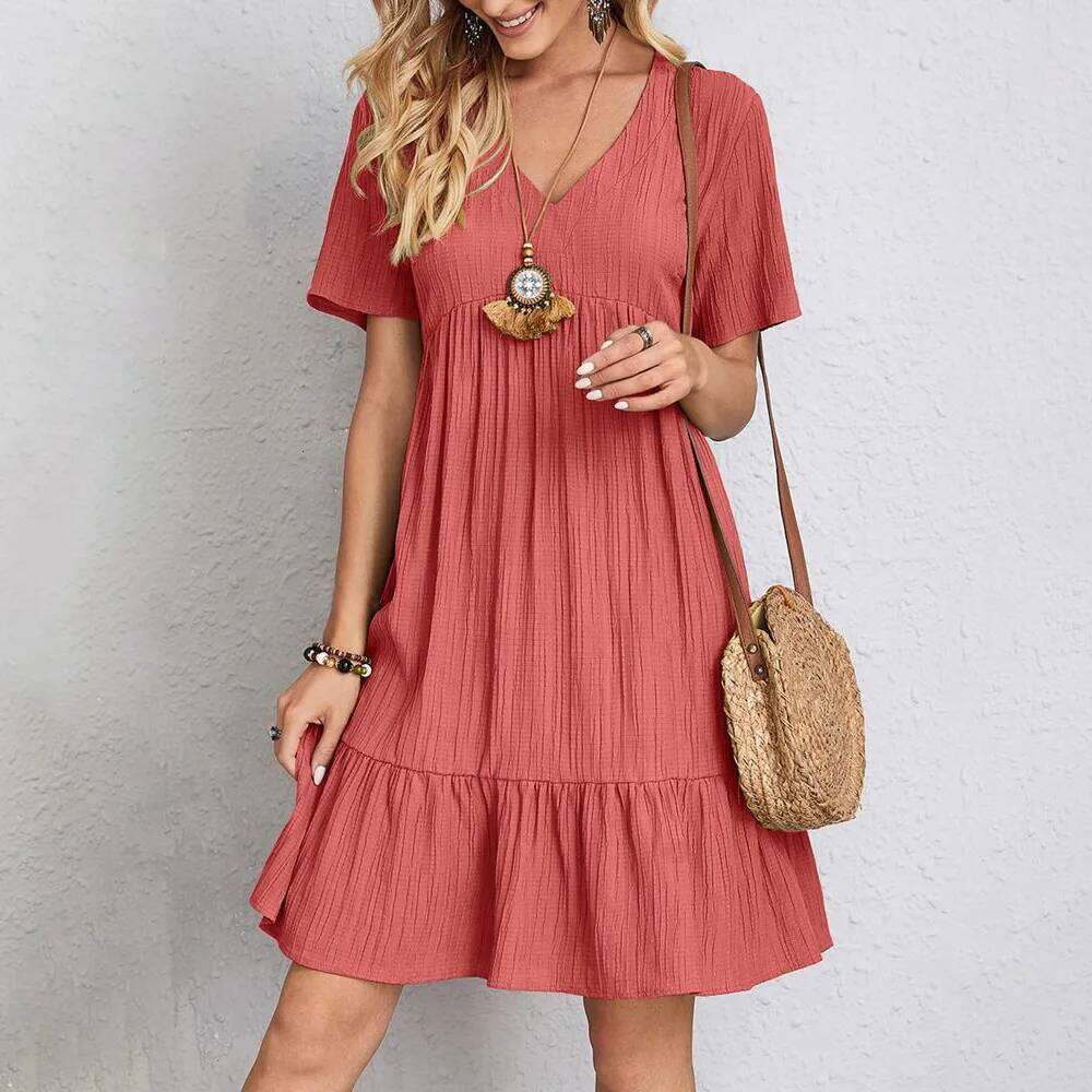 2025 Summer European and American Women's Loose Casual Short Sleeve Waist-tied Flowing Dress Z260313