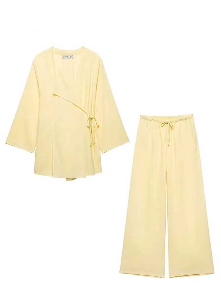 2024 Woman Trouser Set Solid V Neck Casual Kimono Style Lace Up Shirt Top Elastic Waist Wild Womens Wide Leg Long Pant M260313