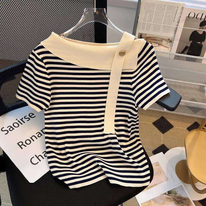 Summer Sexy Sweater Women Knit T-shirt Tops Fashion Striped Elegant Stylish Chic Tees Pullover Short Sleeve Jumpers 2024 Z260313