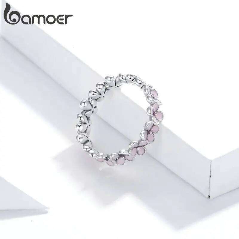 BAMOER 925 Sterling Silver Flower Rings Pink Wreath Finger Ring Stacking for Women Birthday Gift Sweet Romatic Fine Jewelry H260312