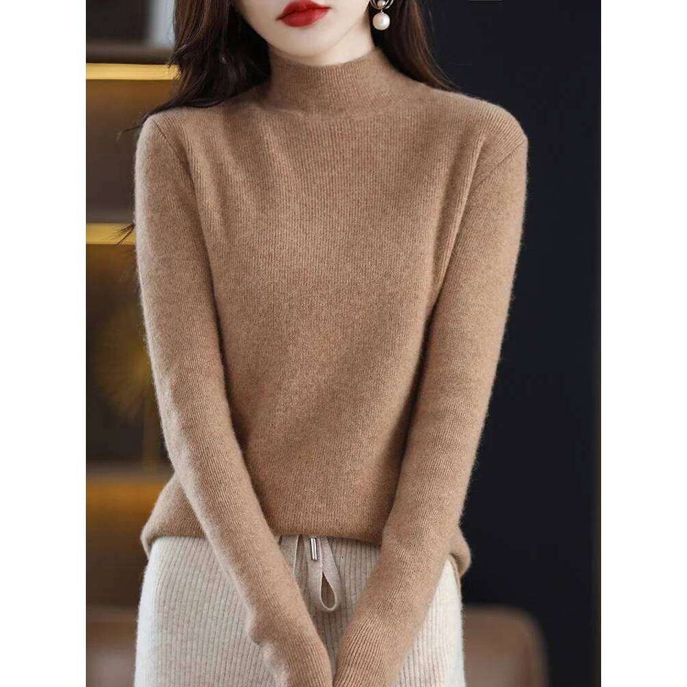 Basic Merino Wool Women Sweater Autumn Winter Korean Mock Collar Slim-Fit Knitted Pullover Long Sleeve Office Lady Clothing Tops Z260313