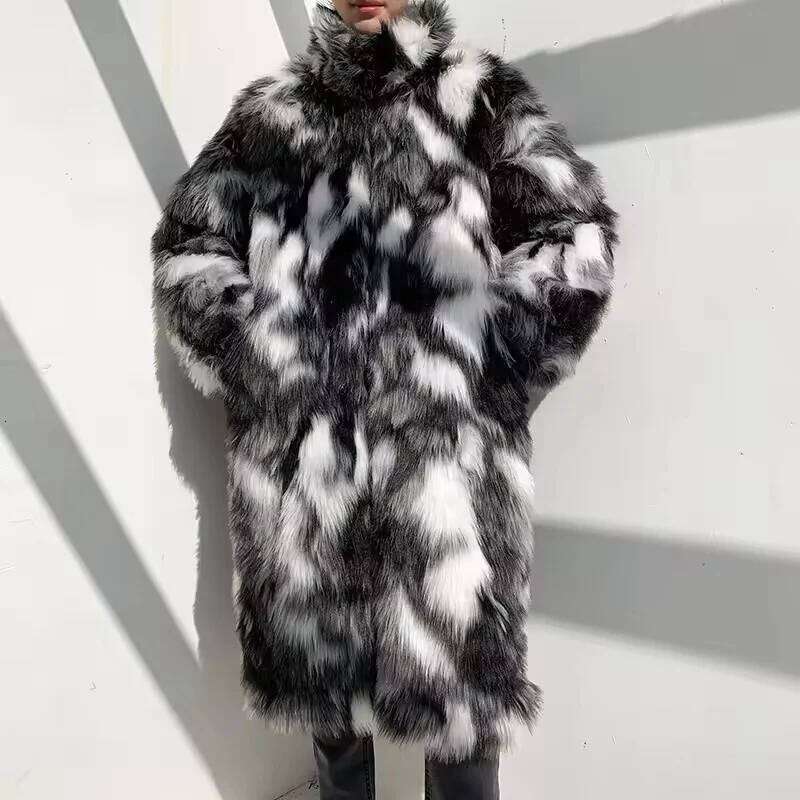 Winter Hip Hop Long Faux Fur Coat Stand-up Collar Plush Jacket Men Korean Fashion Warm Thicken Casual Overcoat Street Z260313